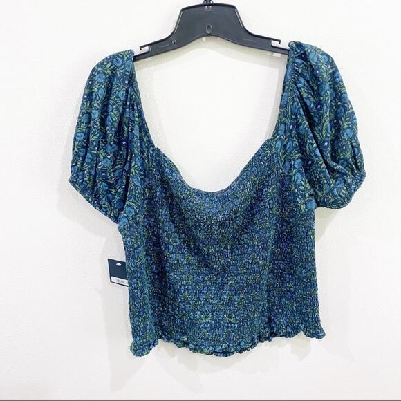 Lucky Brand Smocked Short Sleeve Square Neck Puff Sleeve Top Boho Chic Sz L NWT - Picture 9 of 10